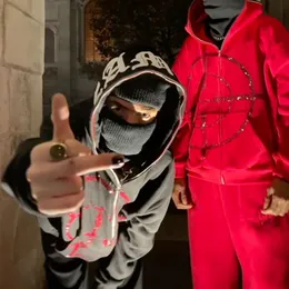 2022 Kış High Street Dark Hoodies Erkekler Hip Hop Tam Zip Sweatshirt Punk Büyük Boy Ceket Y2K Giysileri