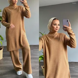 Frauen Zweiteilige Hosen Eid Mubarak Winter Outfits Pullover 2 stücke Set Pelz Hose Tops Muslimischen Anzüge Trainingsanzug Abaya Islam robe Sporting
