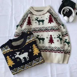 Men's Sweaters Japanand Sou Korea retro Harajuku style Christmas elk sweater round ne pullover couple knitted men and women G221018