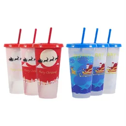 Creative Christmas Drinkware Cold Color-changing Plastic Cups Xmas New Year Party Juice Cup With Lid and Straw