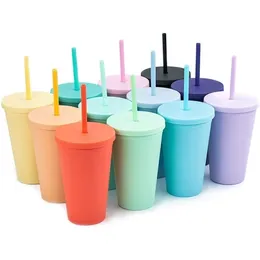 Copos com tampas de 16 onças/24 oz de copos de acrílico colorido e palha reutilizáveis ​​de parede dupla fosco de plástico a granel caneca 220509