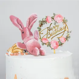 Forniture festive Topper per torta di compleanno in acrilico Lettere dorate Cottura di fiori colorati per la decorazione di cupcake per feste