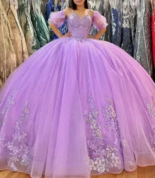 Lilás Quinceanera Vestidos Lace Applique Frisado Corset Voltar Spaghetti Straps com Mangas Custom Made Sweet Princess Party Ball Gown Vestidos