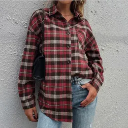 Frauen Blusen Frau 2022 Herbst Blusa Feminina Drehen-unten Kragen Hemd Plaid Frauen Langarm Tasche Streetwear Lose Shirts dropship