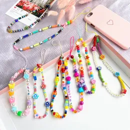 Charms Ethnic Style Colored Soft Ceramic Phone Lanyard Kawaii Fruit Flower Heart Star Beaded Wrist Strap Mobile Chain
