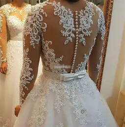 Court Train Wedding Dress Fanty Jewelry Neck Long Sleeves Lace Applique Bodice Open Back See Through Sexy Bridal Gowns Vestido De Noiva Curto 403