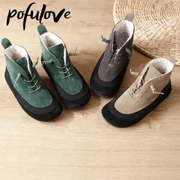 أحذية Pofulove Winal Winter Shoes Plush Warm Fur Calties Bunk Green Gray Botas Design Design Comfort L221018