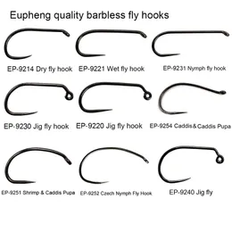 خطافات الصيد Eupheng 100pcs مسابقة Barbless Fly Fishing Hook ربط الأمهات الجاف Nymph Shirmp الرطب Caddis Fly Hook Black Nickle 221020