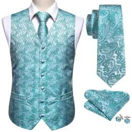 Gilet da uomo Uomo Teal Blue Paisley Suit Gilet Gilet di seta Cravatte formali Gemelli Pocket Square Set Tuxedo Regalo maschile Dobby Barry.Wang