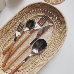 Servis uppsättningar ins bröllop gaffel bestick rätter verktyg vuxen semester sked bordsart trä handtag rostfritt stål kök tillbehör