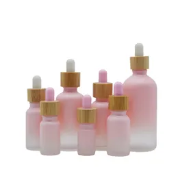 Empty Packing Glass Gradient Pink Bottle Essential Oil Dropper Vials Wood Collar Pink White Top Refillable Portable Cosmetic 5ml 10ml 15ml 20ml 30ml 50ml 100ml