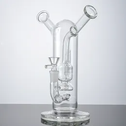 Neue einzigartige Doppelbongs, spezielle Wasserpfeifen, 14 mm männliche und weibliche Gelenke, Dab-Rigs, Spritzschutz, Inline-Perc-Wasserpfeifen, Sidecar-Hals-Glasbong, sowohl Kräuter als auch Konzentrate