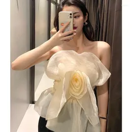 Women's Blouses Runway Women Sweet Floral Strapless Organza Summer Elasticity Sexy Off Shoulder Sleeveless Vest Mesh Shirt Short Tops