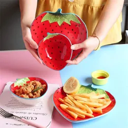 Plates Ceramic Cute Strawberry Salad Bowl Creative Breakfast Fruit Plate Household Dessert Dish Children Dinner Tableware Set