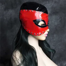Beauty Items BDSM Fetish Slave Latex Bondage Hood Faux Leather Restrict sexy Headgear Accessories Erotic Tool for Women Red and Black Mask