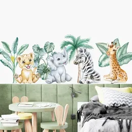 Cartoon African Animals Lion Tropical Leaves Akvarell Nursery Wall Sticker Peel och Stick Decals Kids Room Home Decor 220607