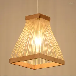 Pendant Lamps Square Horn Bamboo Lamp Hand Knitted Wood Lights E27 Antique Simple Parlor Dining Room Study Home Lighting G075