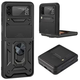 Lens de câmera Push caixas para Samsung Z Flip 4 3 5g Armadura Telefone deslizante Tampa de caixa à prova de choque de Kickstand