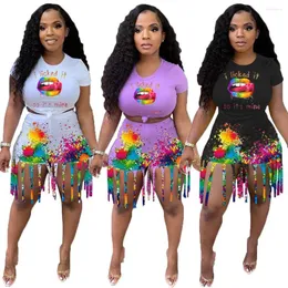 Kvinnors sp￥rningsdr￤kter Shorts Set Tassel Fashion Casual Women's Round Collar Letter M￶nster L￤ppar Tie Dye Splash Ink Printing Two Piece Suit
