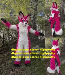 Pink White Long Fur Furry Mascot Costume Wolf Fox Husky Dog Fursuit ALASKAN Character Suit Hilarious Funny Cut The Ribbon zx474