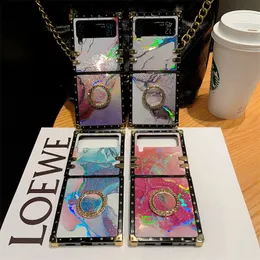 Marble Beach Phone Cases For Samsung Galaxy Z Flip 4 3 5G Flip4 Flip 3 Diamonds Ring Holder Square Hard Cover