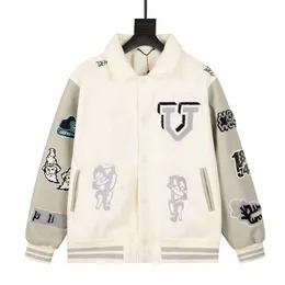 Lvse blandat läder varsity blouson multi-lapp jacka armar bouclette broderade lappar jackor män kvinnor designer randiga ull revben på