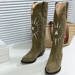 Embroidered Western Cowboy Boots Chunky Heel Star Mid-Calf Boots Pointed Toe Slip-On Style Knight Booties Designers Shoe For Women