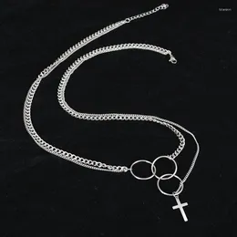 Pendant Necklaces Harajuku Hip Hop Cross Round Circle Necklace Multilayer Stainless Steel Chain Punk Style Jewelry Mujer Colar