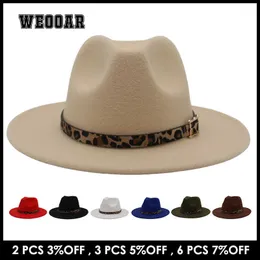 Beanie/Skull Caps 56-61cm Western Style Wide Brim Fedora Hat Women Men Felt Cap 2022 Autumn Church Leopard Belt Classic Ladies Hat Country Hat T221013