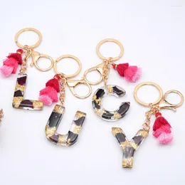 Keychains Fashion Dried Flower English Letter Resin Keychain Rose Petal Gold Foil Filling With Tassel Keyrings Handbag Charms For Women