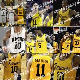 Basketbol Formaları Ucuz UMBC Retrievers Gold Jersey #10 Jairus Lyles #11 K.J. Maura #33 Arkel Lamar 5 Jourdan Grant Sarı Dikişli Kolej Basketbol Forması