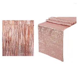 Party Decoration 1 Pcs Sparkly Rose Gold Sequin Table Runners 12X71 Inch Shimmer & 1X3M Thick Rain Silk Curtain