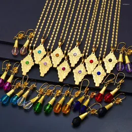 Halskette-Ohrringe-Set Anniyo Hawaiianische Perlen-Kugel-Kreuz-Anhänger-Halsketten Farbiger Kristall Guam Mikronesien Chuuk Pohnpei #253006
