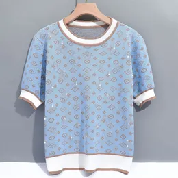 여자 티셔츠 럭셔리 디자인 V 핫 모인 스톤 느슨한 니트 스웨터 패션 기하학적 자카드 점퍼 짧은 소매 여름 캐주얼 니트 풀오버