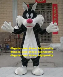 Smart Black Sylvester Cat Maskottchen Kostüm Maskottchen Moggie Kätzchen Wolf Erwachsener mit großen weißen Ohren und großer roter Nase Nr. 2579