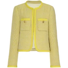 Damen-Kurzjacke aus Tweed mit O-Ausschnitt in gelber Farbe, SMLXL