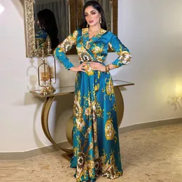 Ethnische Kleidung Ramadan Eid Elegante muslimische Druckpartykleider f￼r Frauen 2022 Langarm Dubai Abaya Kaftan Maxi Kleider Turkey Islam