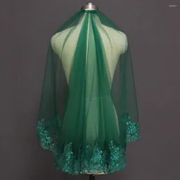 Bridal Veils Green Short Wedding Veil muzułmańska islamska jedna warstwowa cekiny koronkowe z grzebieniem na pannę młodą Mariage