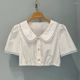 Женские блузки суперкачественные женские белые короткие топ -воротницы вышивая вышиваемая вышиваем