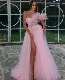 Pink Prom Dresses Sleeveless V Neck Feather Lace Appliques Sequins Evening Dresses Side Slit Lace Ruffles Floor Length Evening Dress Plus Size Custom Made