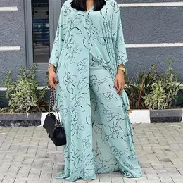 Etniska klädtryck kaftan abaya breda benbyxor sätter afrikanska kläder för kvinnor 2022 sommarchiffon maxi klänningar avslappnad 2 bit set boubou