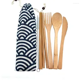 Dinnerware Sets Bamboo Cutlery Set Travel Utensils Biodegradable Wooden Outdoor Portable Flatware Zero Waste Tableware