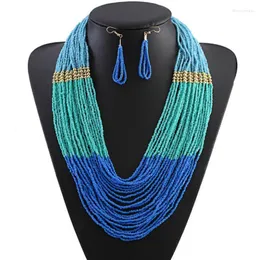 Серьги ожерелья устанавливают этническую акриловую прядь богемных мультислойных ожерелья африканских бусин Геометрические золотые бохо для женщин
