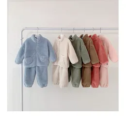Lã de lã de cor sólida para crianças quentes roupas de bebê conjuntos de 2pcs de manga longa calça de zíper de manga longa