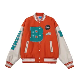 Vintage Baseball Jacke Hip Hop Stickerei Brief Farbe Block Leder Patchwork Bomber Mantel 2022 Harajuku Streetwear Jacken