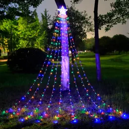 태양 정원 조명 커튼 폭포 끈 조명 스타 반짝임 요정 커튼 뒷마당 크리스마스 파티 웨딩 장식을위한 빛