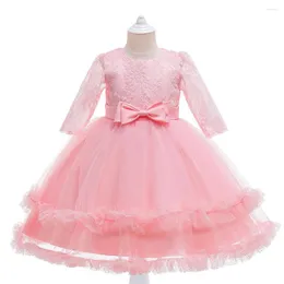 Abiti da ragazza Bambini Toddler Cute Pink Maniche lunghe Pizzo Flower Girls Formal Wedding Pageant Party Damigella d'onore Santa Comunione