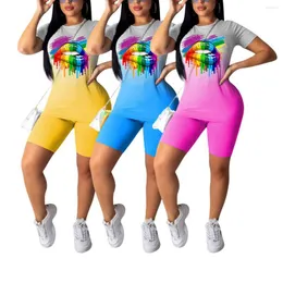 Kvinnors spårdräkter 2022 Summer Women Tracksuit Gradient Lips Print Plus Size Two Piece Set Top och Biker Shorts Lounge Wear Outfits Matching