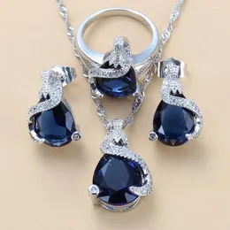 목걸이 귀걸이 세트 925 Water Drop Jewelry Weddagement Accessories Women Blue Zirconia Stud 및 Ring Sets