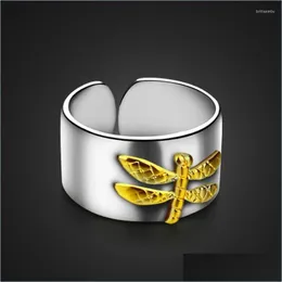 Cluster-Ringe, Cluster-Ringe, modischer goldener Libellen-Ring für Damen, reines Silber, breit, kann die Größe anpassen, solide 925, charmante Damen-Schmucksachen, DHA6R